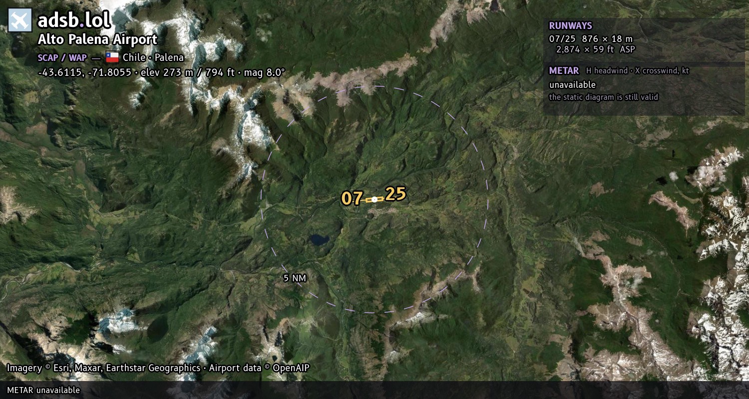 Satellite map with the runway layout of Alto Palena Airport (SCAP)