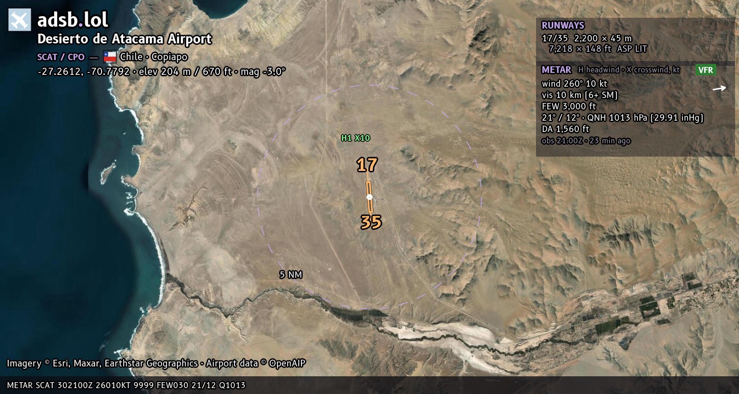 Satellite map with the runway layout of Desierto de Atacama Airport (SCAT)