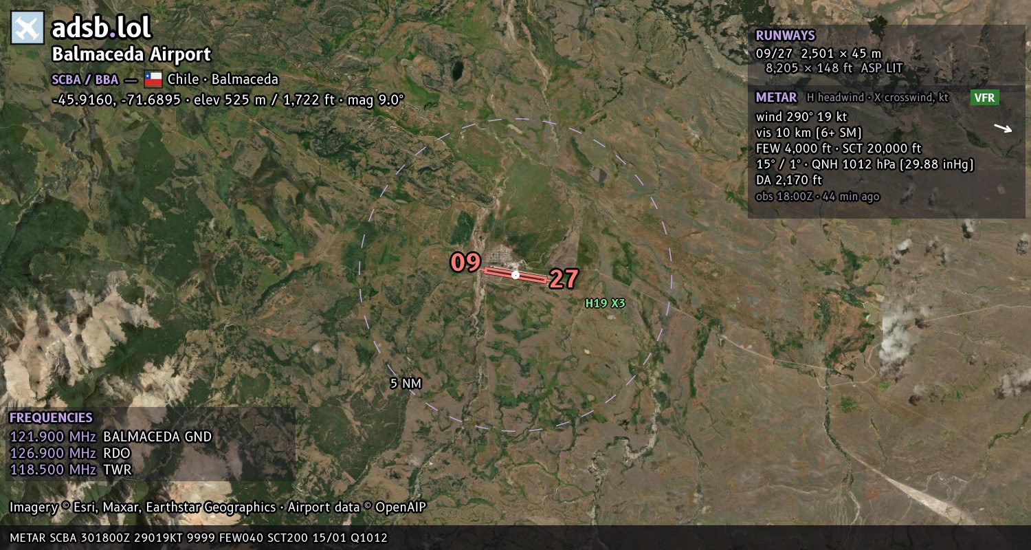 Satellite map with the runway layout of Balmaceda Airport (SCBA)
