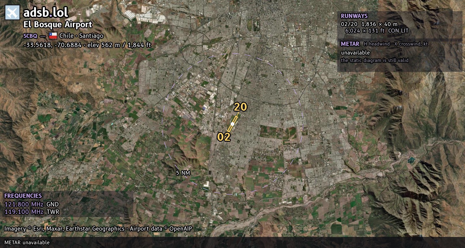 Satellite map with the runway layout of El Bosque Airport (SCBQ)