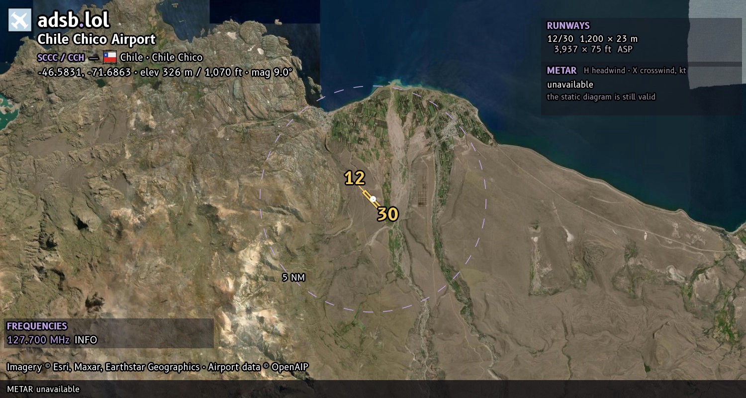 Satellite map with the runway layout of Chile Chico Airport (SCCC)