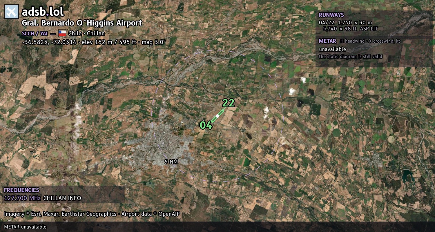 Satellite map with the runway layout of Gral. Bernardo O´Higgins Airport (SCCH)