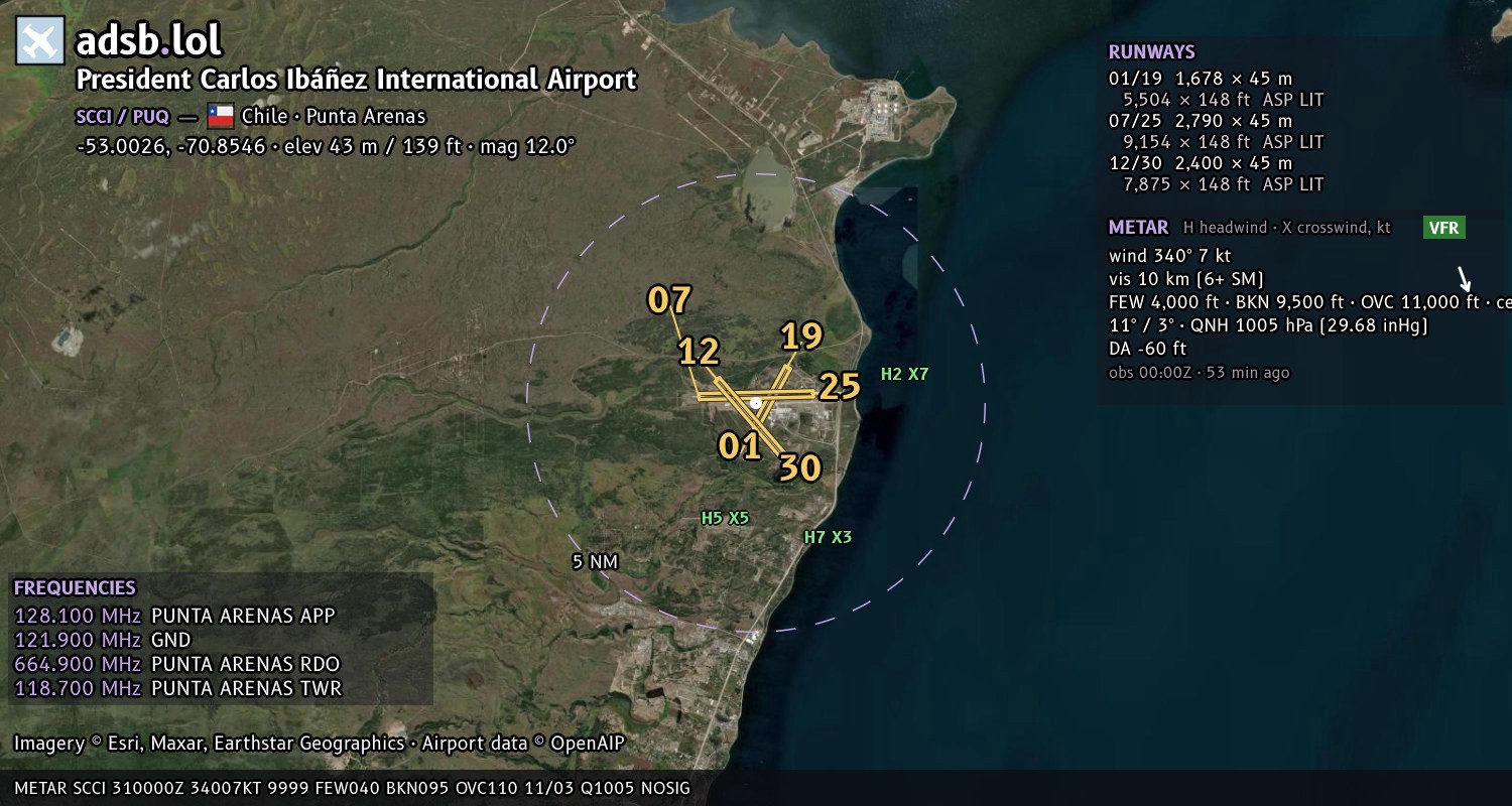 Satellite map with the runway layout of President Carlos Ibáñez International Airport (SCCI)