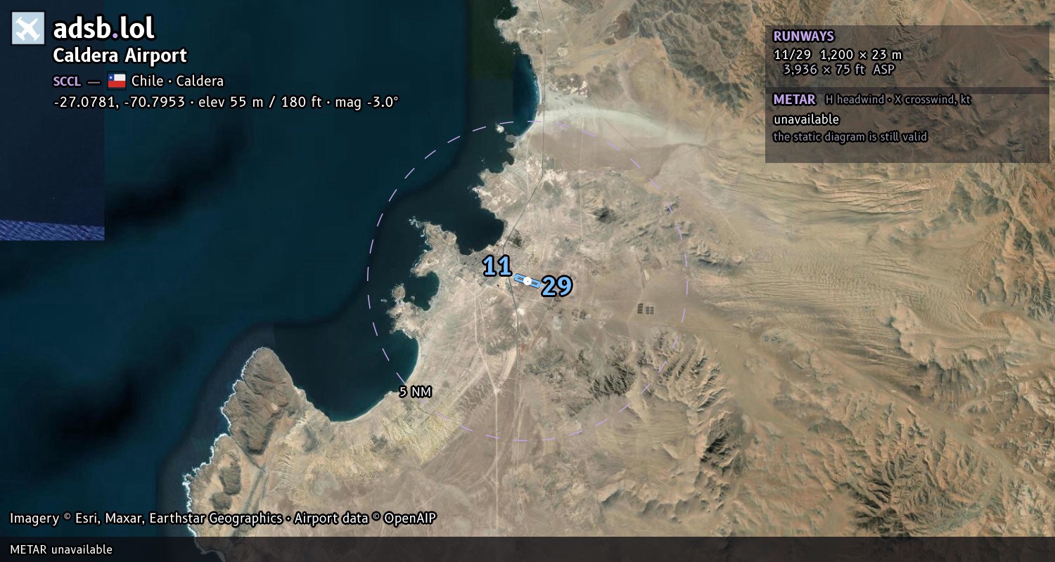 Satellite map with the runway layout of Caldera Airport (SCCL)