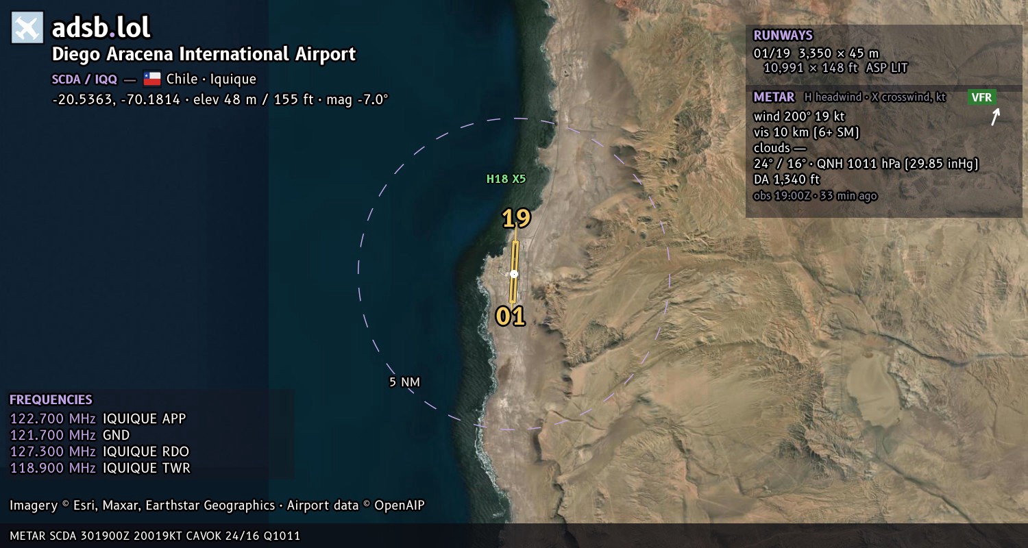 Satellite map with the runway layout of Diego Aracena International Airport (SCDA)