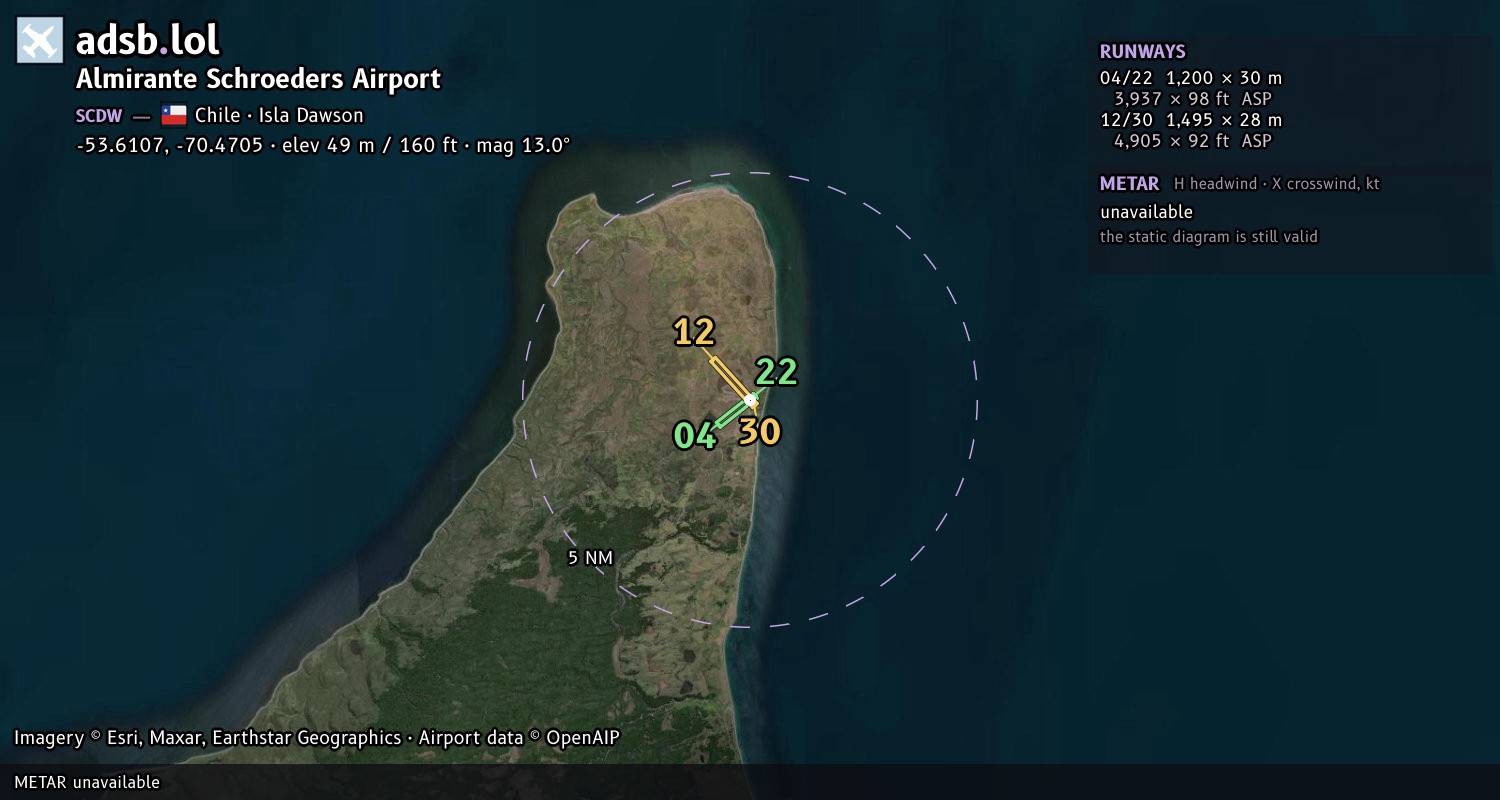 Satellite map with the runway layout of Almirante Schroeders Airport (SCDW)