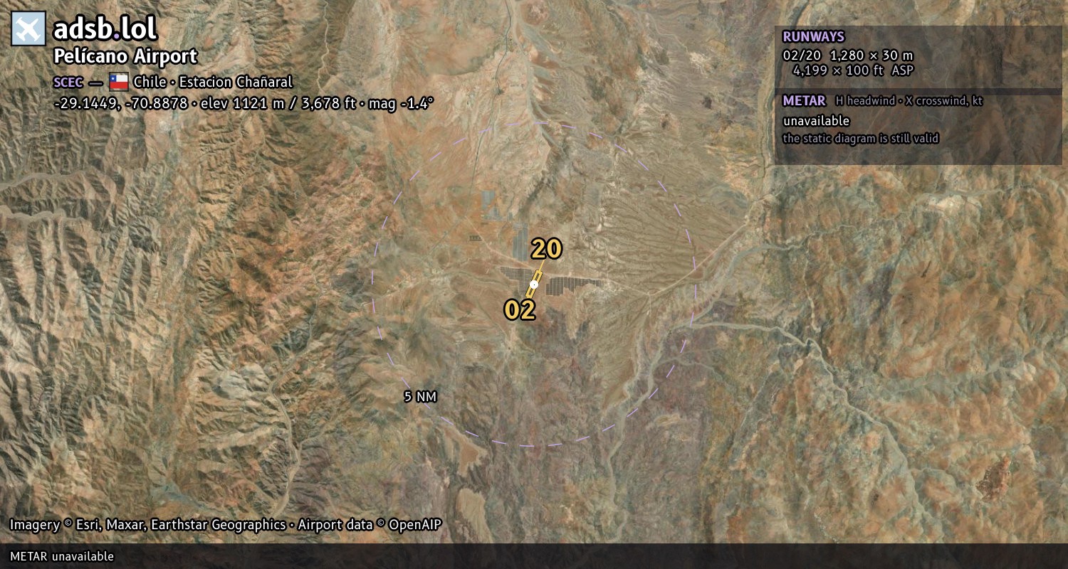 Satellite map with the runway layout of Pelícano Airport (SCEC)