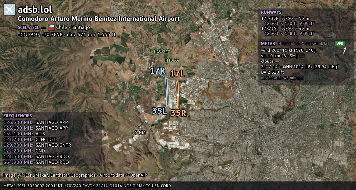 Satellite map with the runway layout of Comodoro Arturo Merino Benítez International Airport (SCEL)