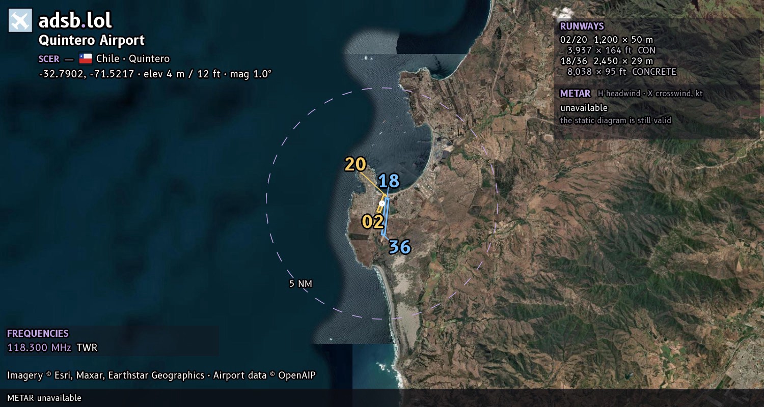 Satellite map with the runway layout of Quintero Airport (SCER)