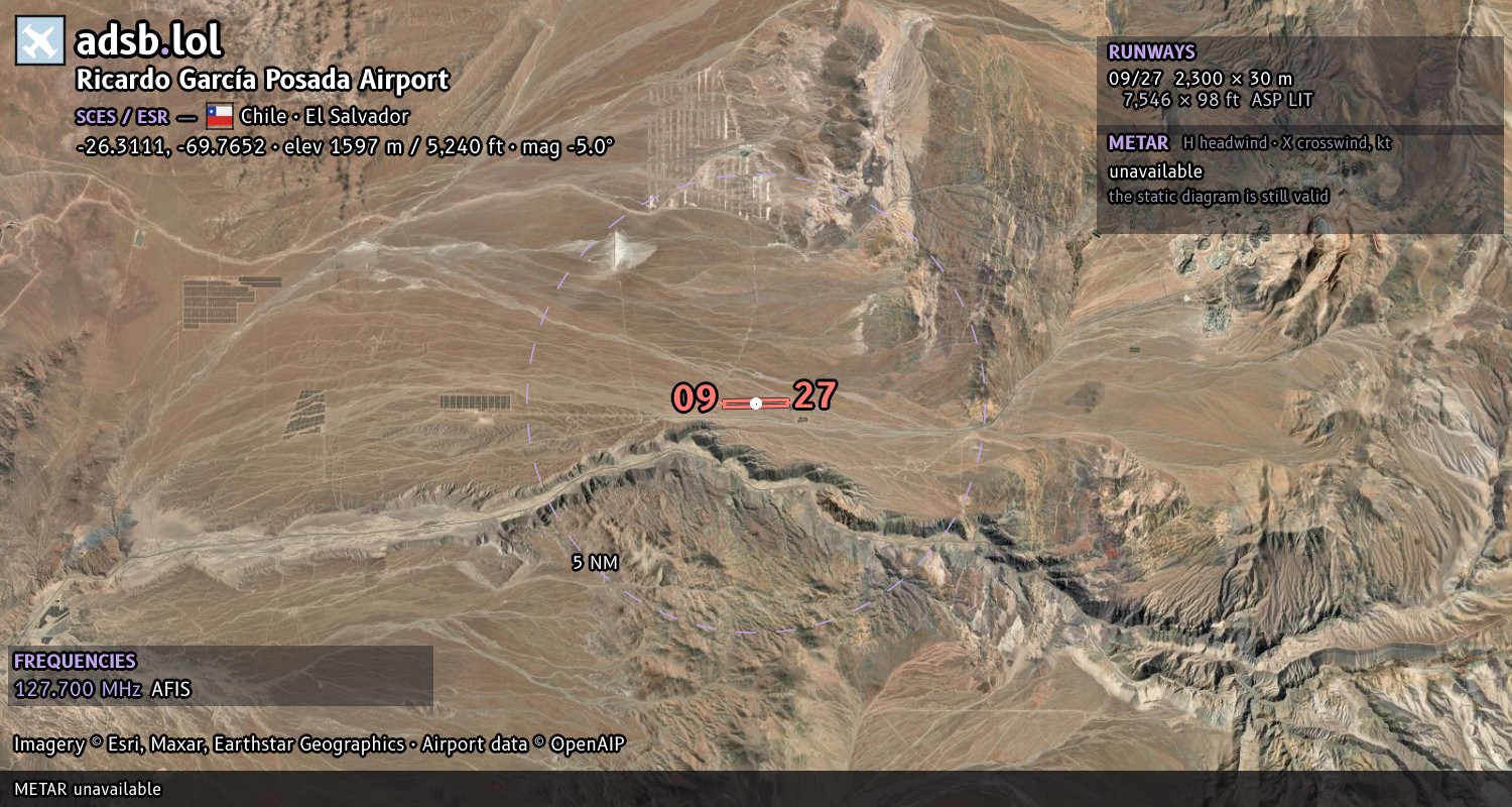 Satellite map with the runway layout of Ricardo García Posada Airport (SCES)