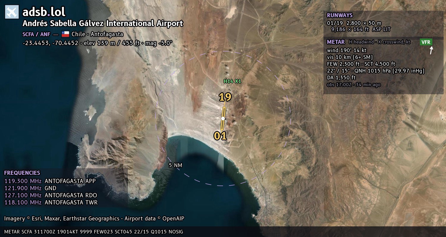Satellite map with the runway layout of Andrés Sabella Gálvez International Airport (SCFA)
