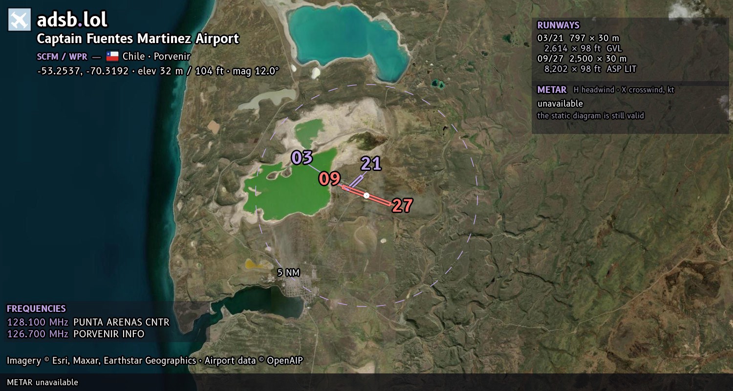 Satellite map with the runway layout of Captain Fuentes Martinez Airport (SCFM)
