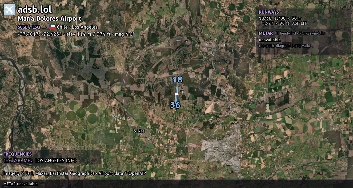 Satellite map with the runway layout of María Dolores Airport (SCGE)