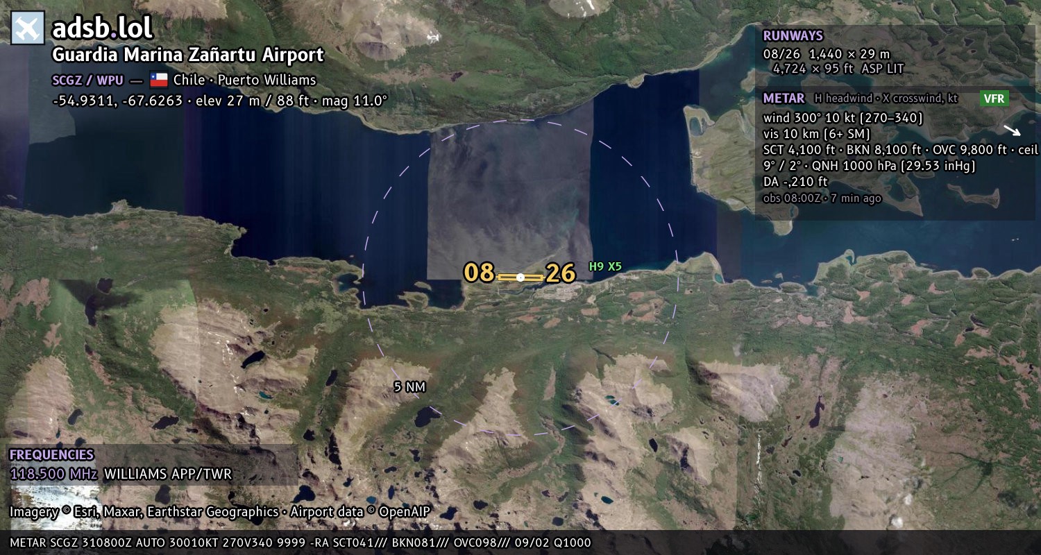 Satellite map with the runway layout of Guardia Marina Zañartu Airport (SCGZ)