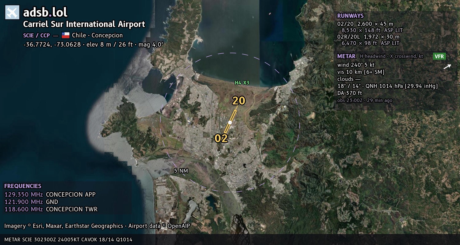 Satellite map with the runway layout of Carriel Sur International Airport (SCIE)