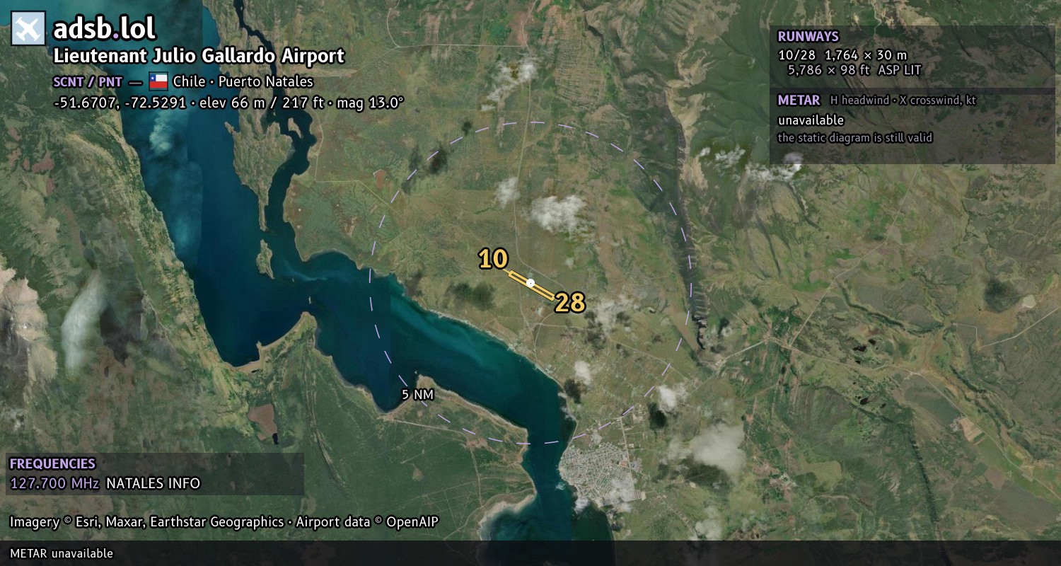 Satellite map with the runway layout of Lieutenant Julio Gallardo Airport (SCNT)