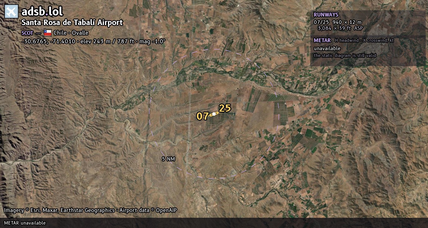 Satellite map with the runway layout of Santa Rosa de Tabalí Airport (SCOT)