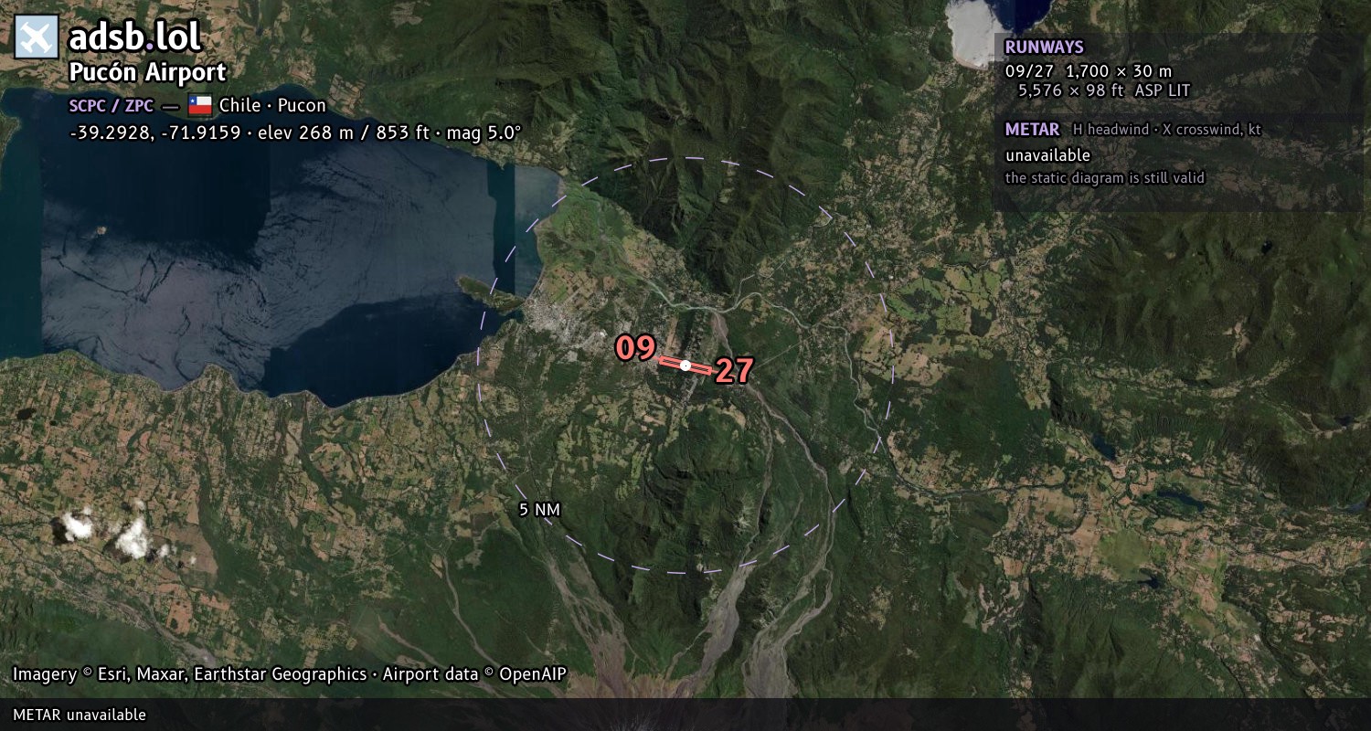 Satellite map with the runway layout of Pucón Airport (SCPC)