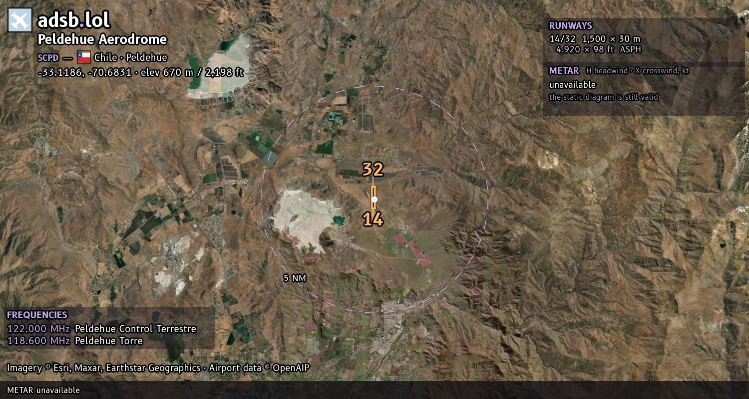 Satellite map with the runway layout of Peldehue Aerodrome (SCPD)