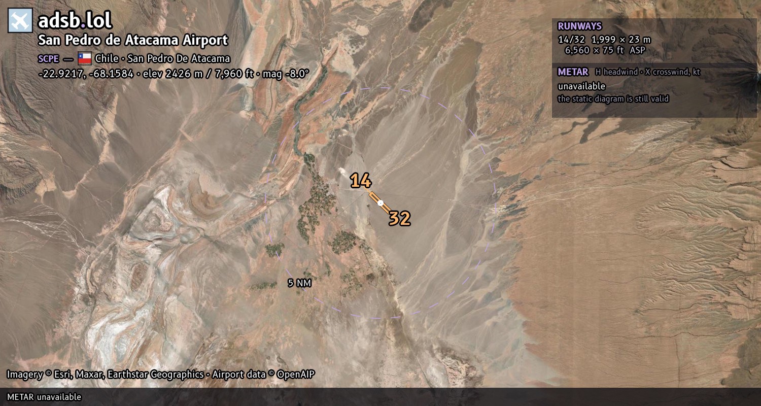 Satellite map with the runway layout of San Pedro de Atacama Airport (SCPE)