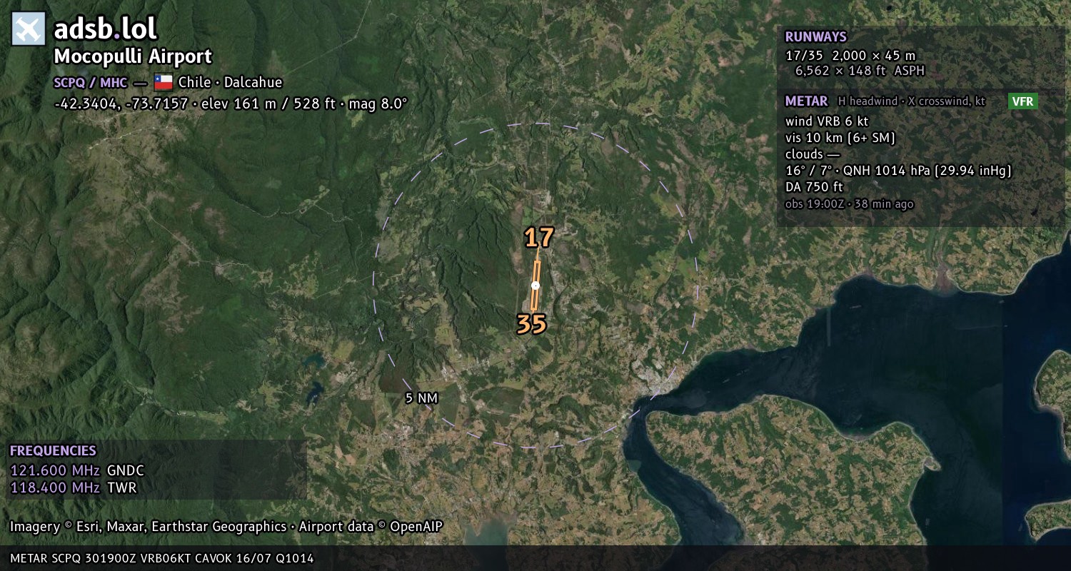 Satellite map with the runway layout of Mocopulli Airport (SCPQ)