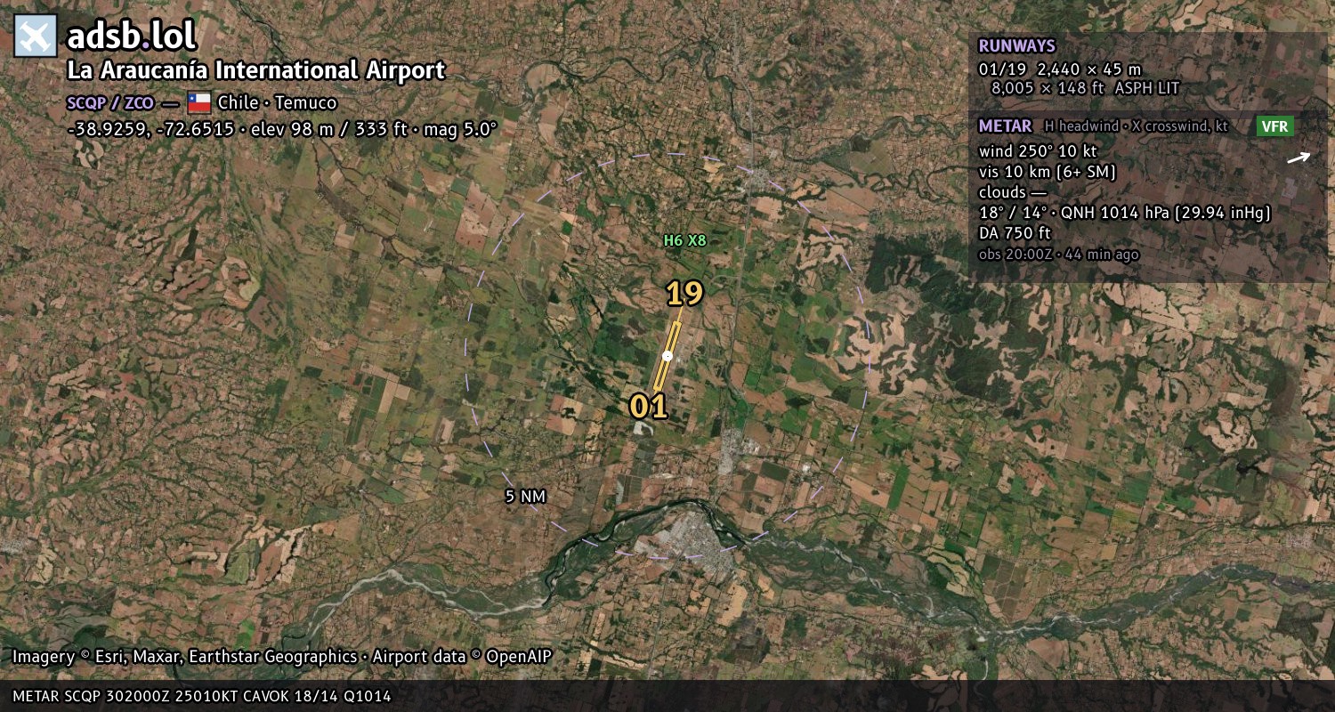 Satellite map with the runway layout of La Araucanía International Airport (SCQP)