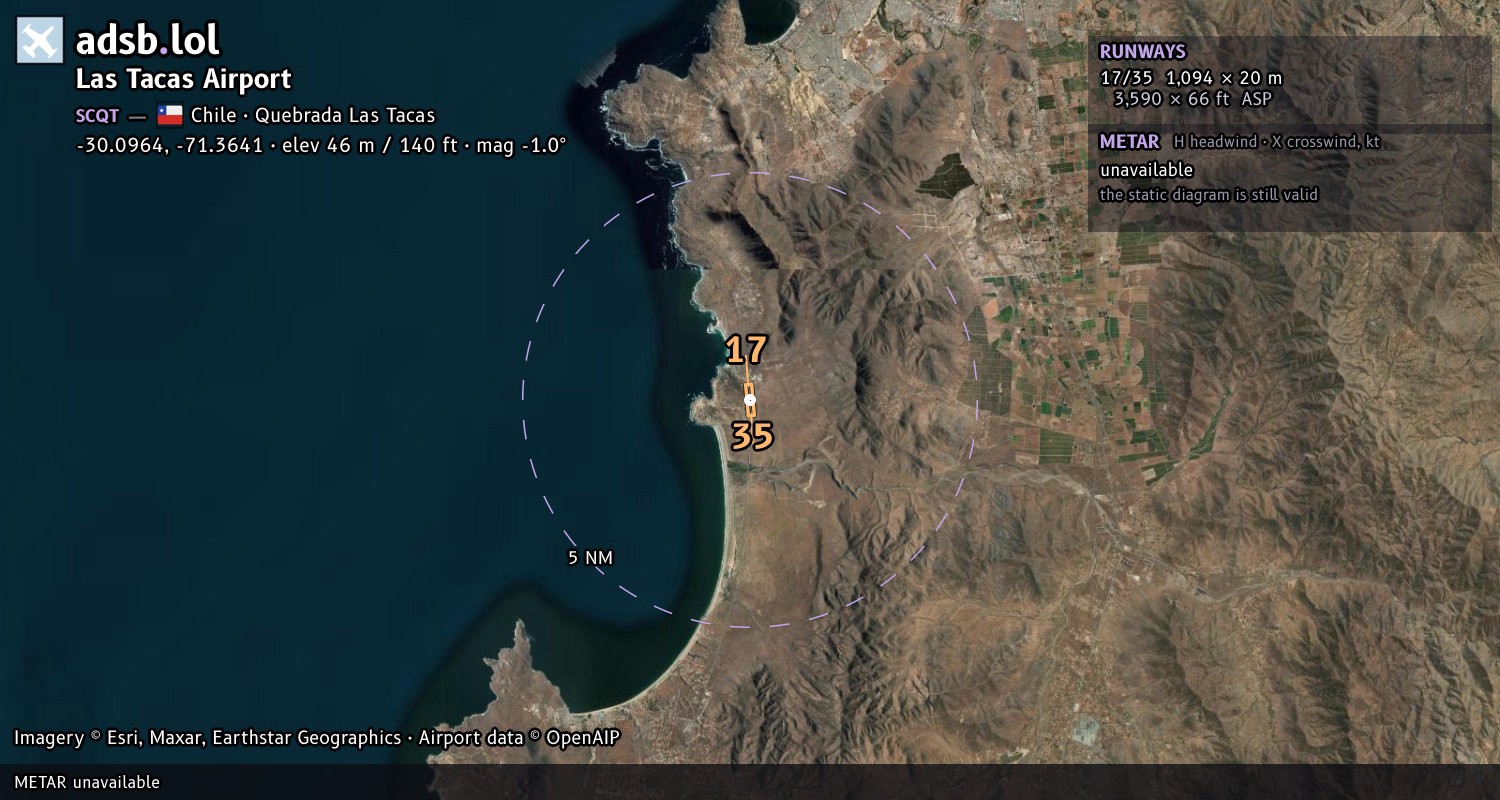 Satellite map with the runway layout of Las Tacas Airport (SCQT)
