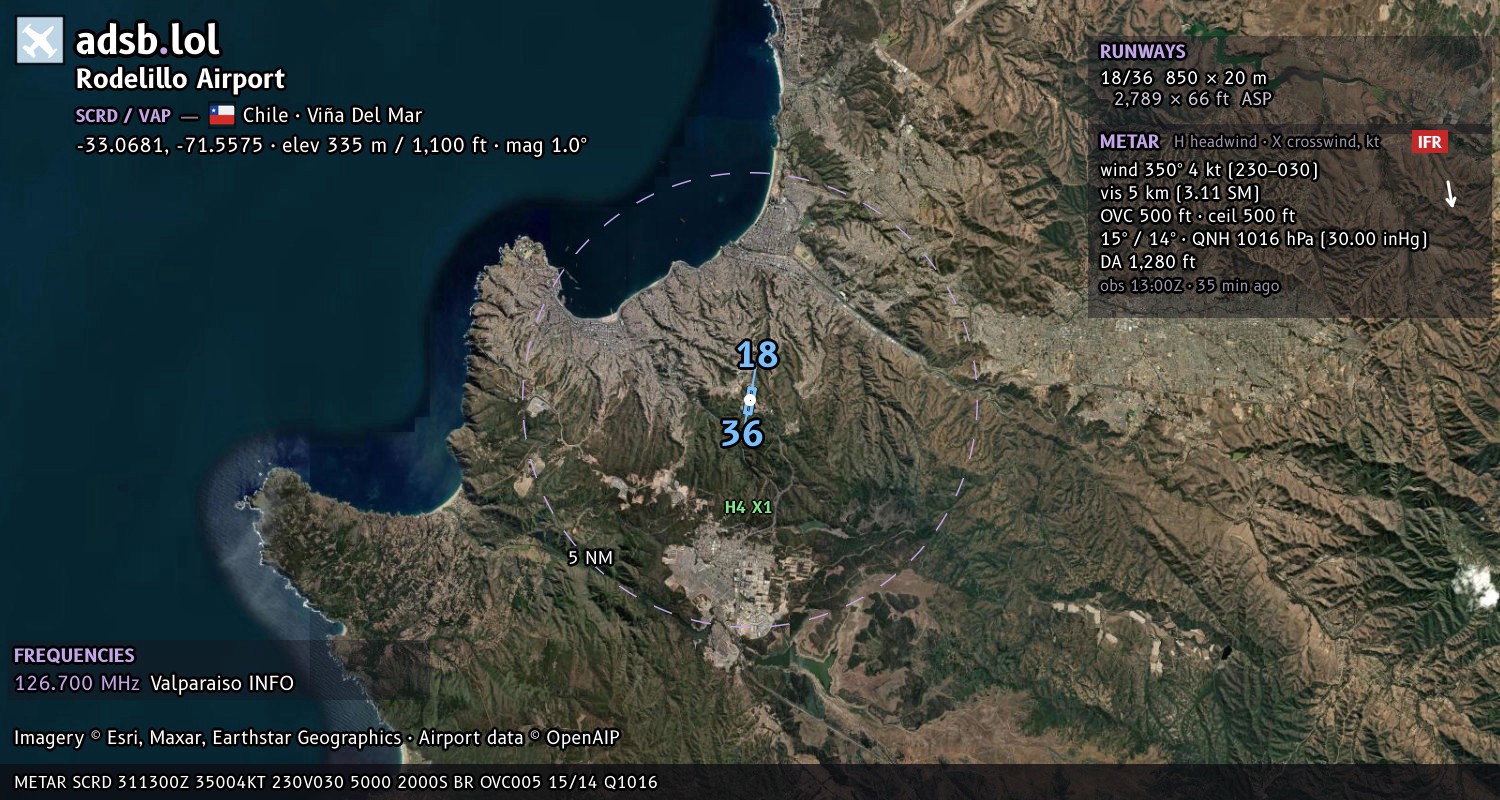 Satellite map with the runway layout of Rodelillo Airport (SCRD)