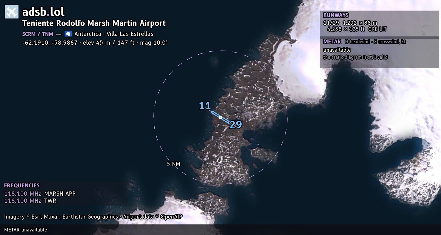 Satellite map with the runway layout of Teniente Rodolfo Marsh Martin Airport (SCRM)