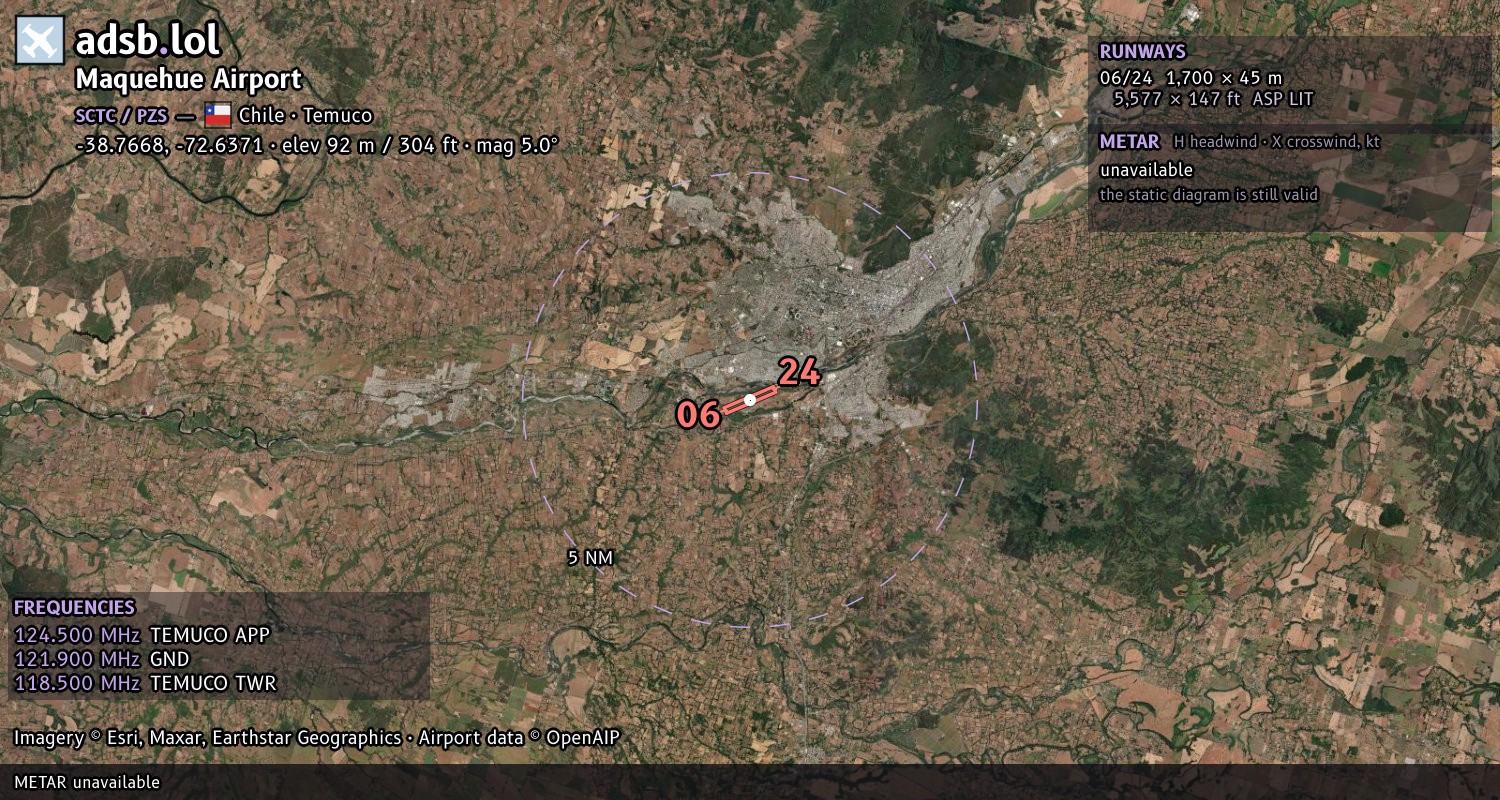 Satellite map with the runway layout of Maquehue Airport (SCTC)