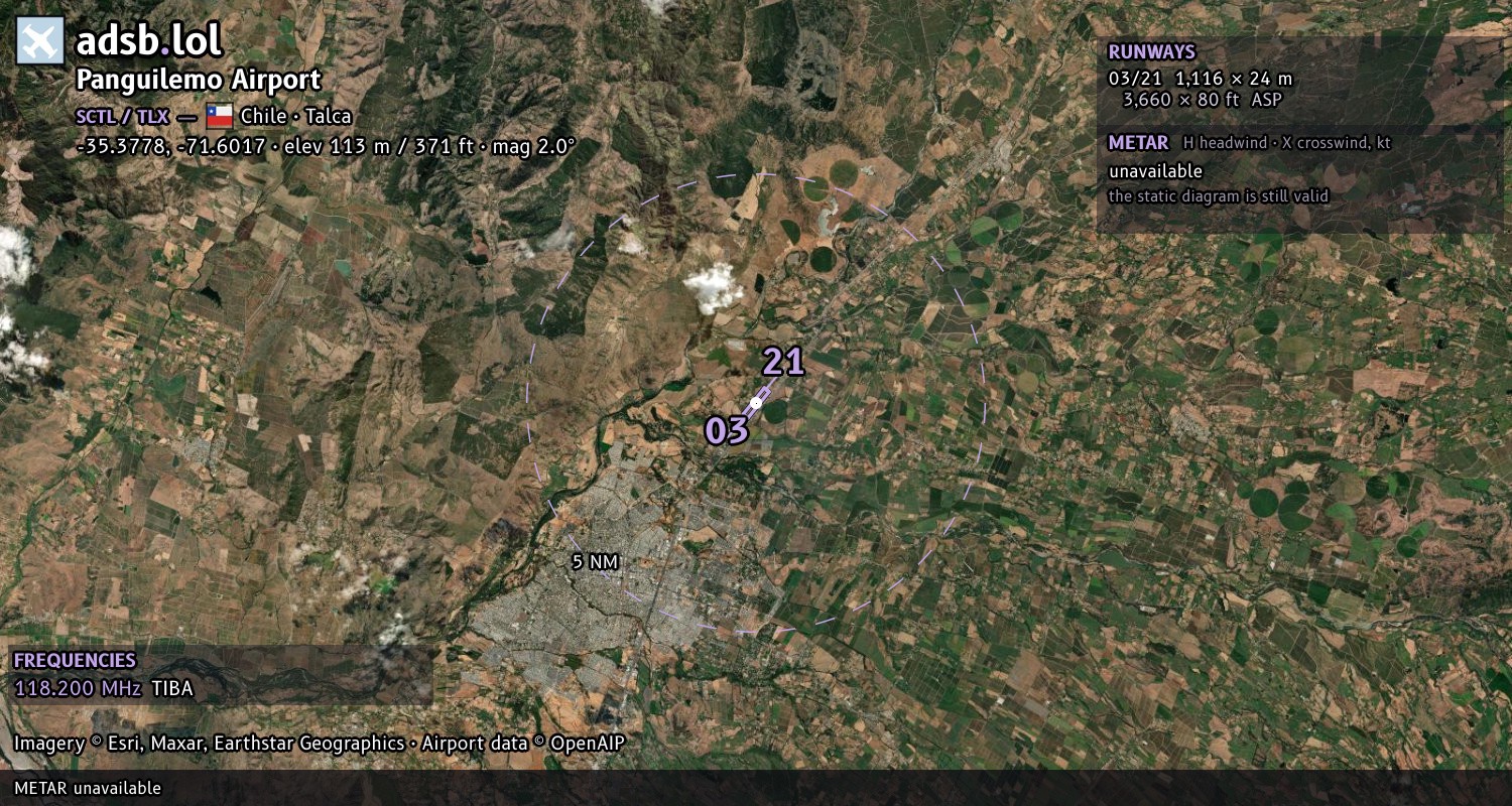 Satellite map with the runway layout of Panguilemo Airport (SCTL)