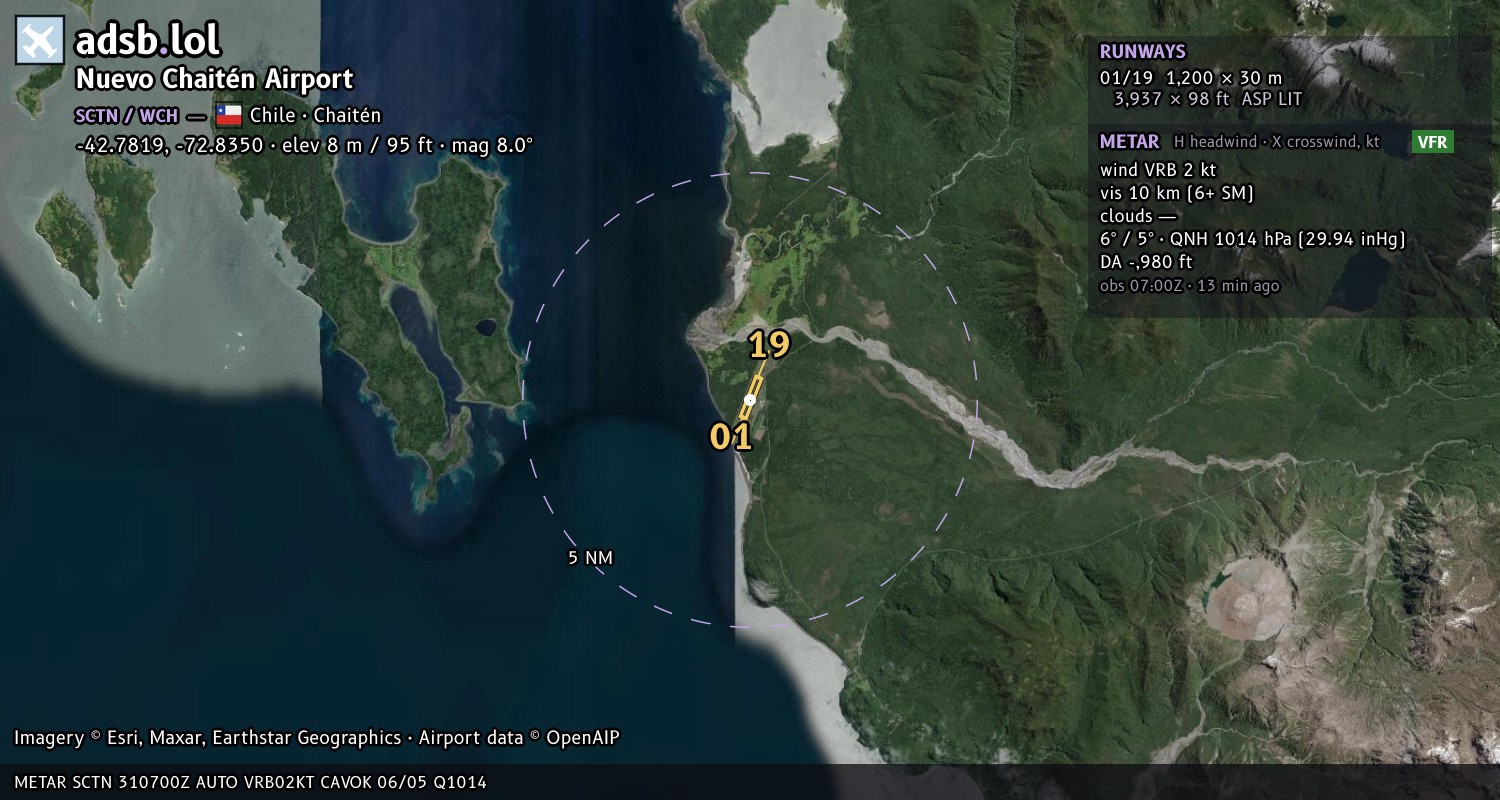 Satellite map with the runway layout of Nuevo Chaitén Airport (SCTN)