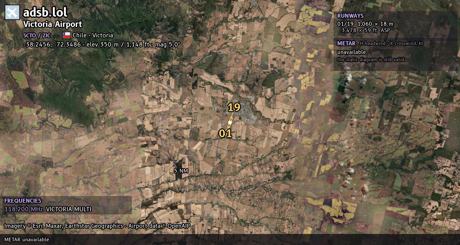 Satellite map with the runway layout of Victoria Airport (SCTO)