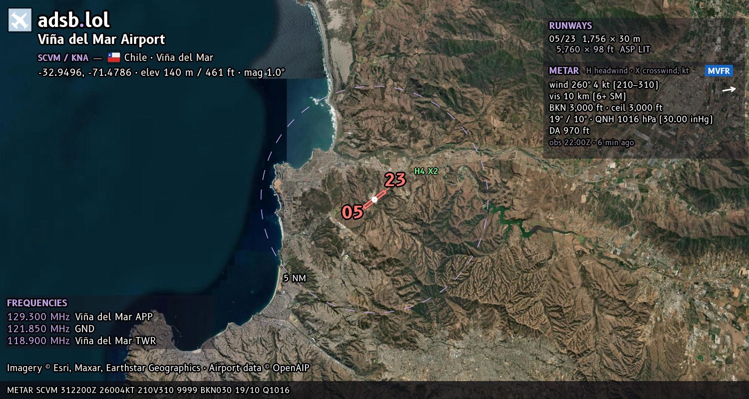 Satellite map with the runway layout of Viña del Mar Airport (SCVM)