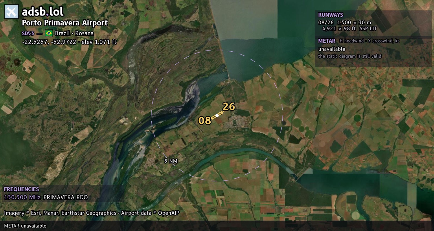 Satellite map with the runway layout of Porto Primavera Airport (SD53)