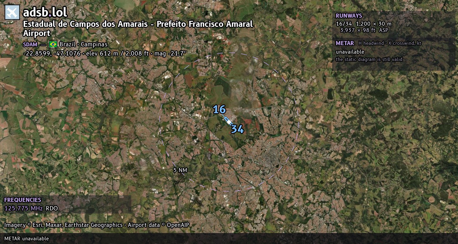 Satellite map with the runway layout of Estadual de Campos dos Amarais - Prefeito Francisco Amaral Airport (SDAM)