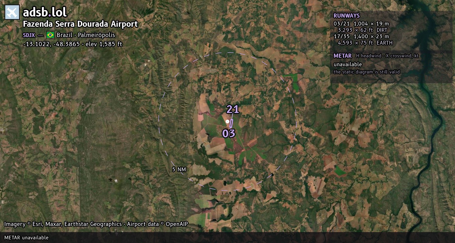Satellite map with the runway layout of Fazenda Serra Dourada Airport (SDJX)