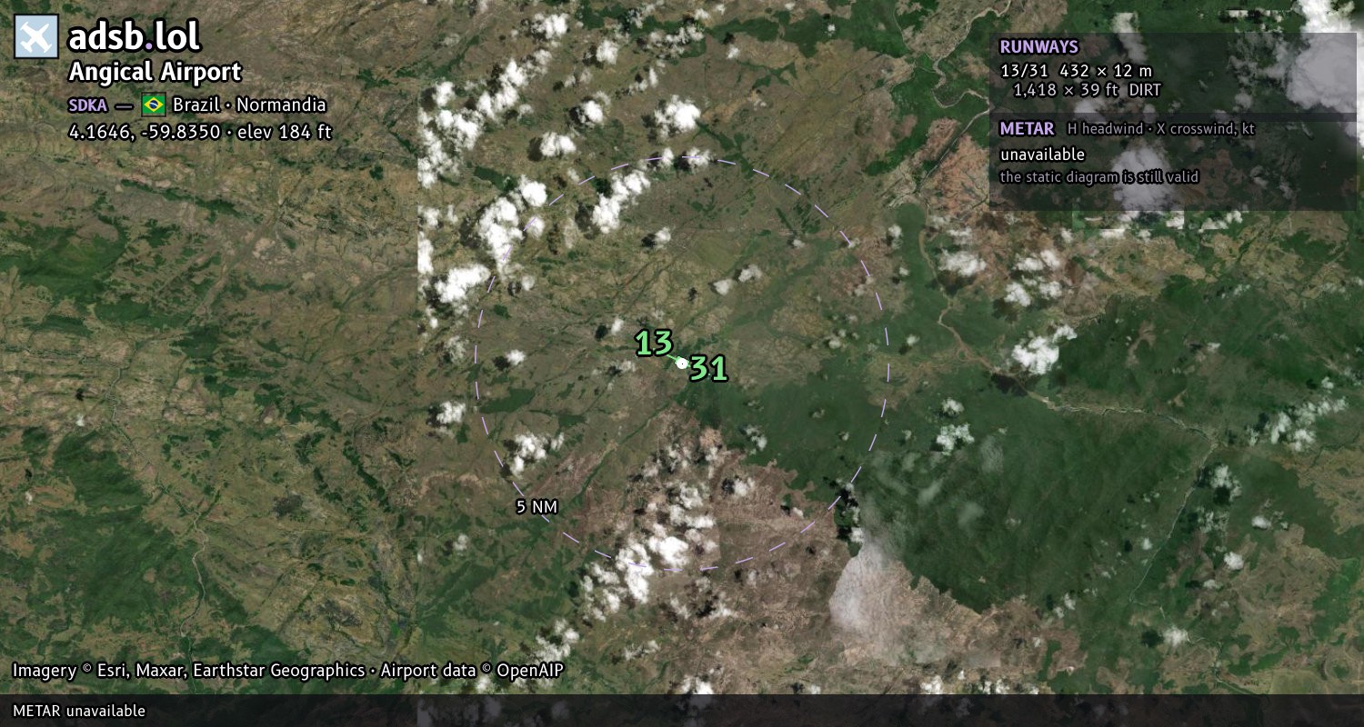 Satellite map with the runway layout of Angical Airport (SDKA)