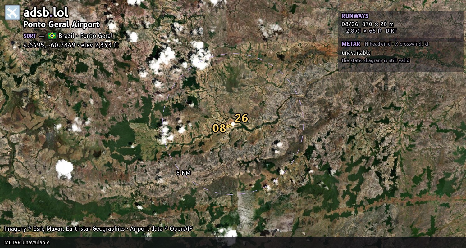 Satellite map with the runway layout of Ponto Geral Airport (SDRT)