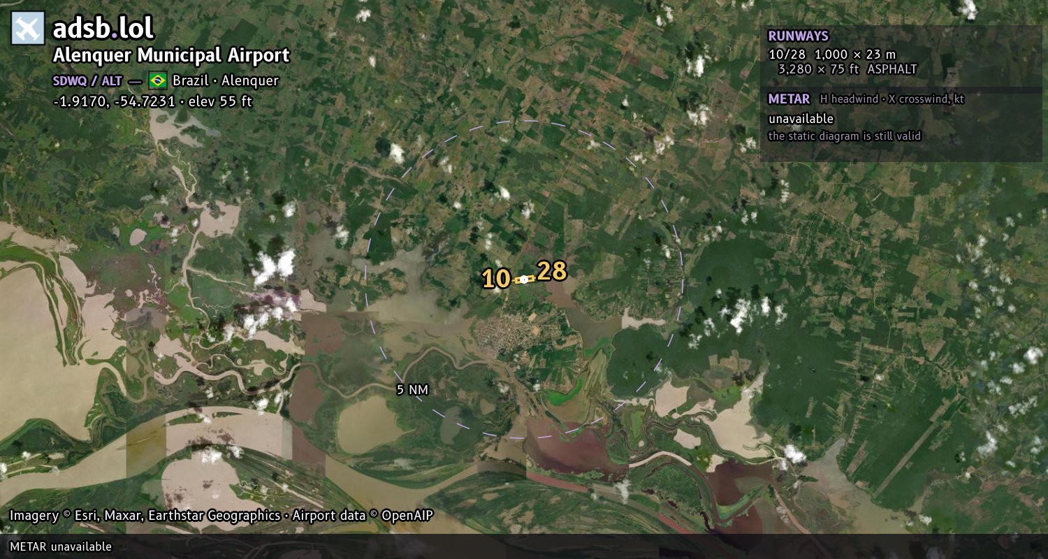 Satellite map with the runway layout of Alenquer Municipal Airport (SDWQ)