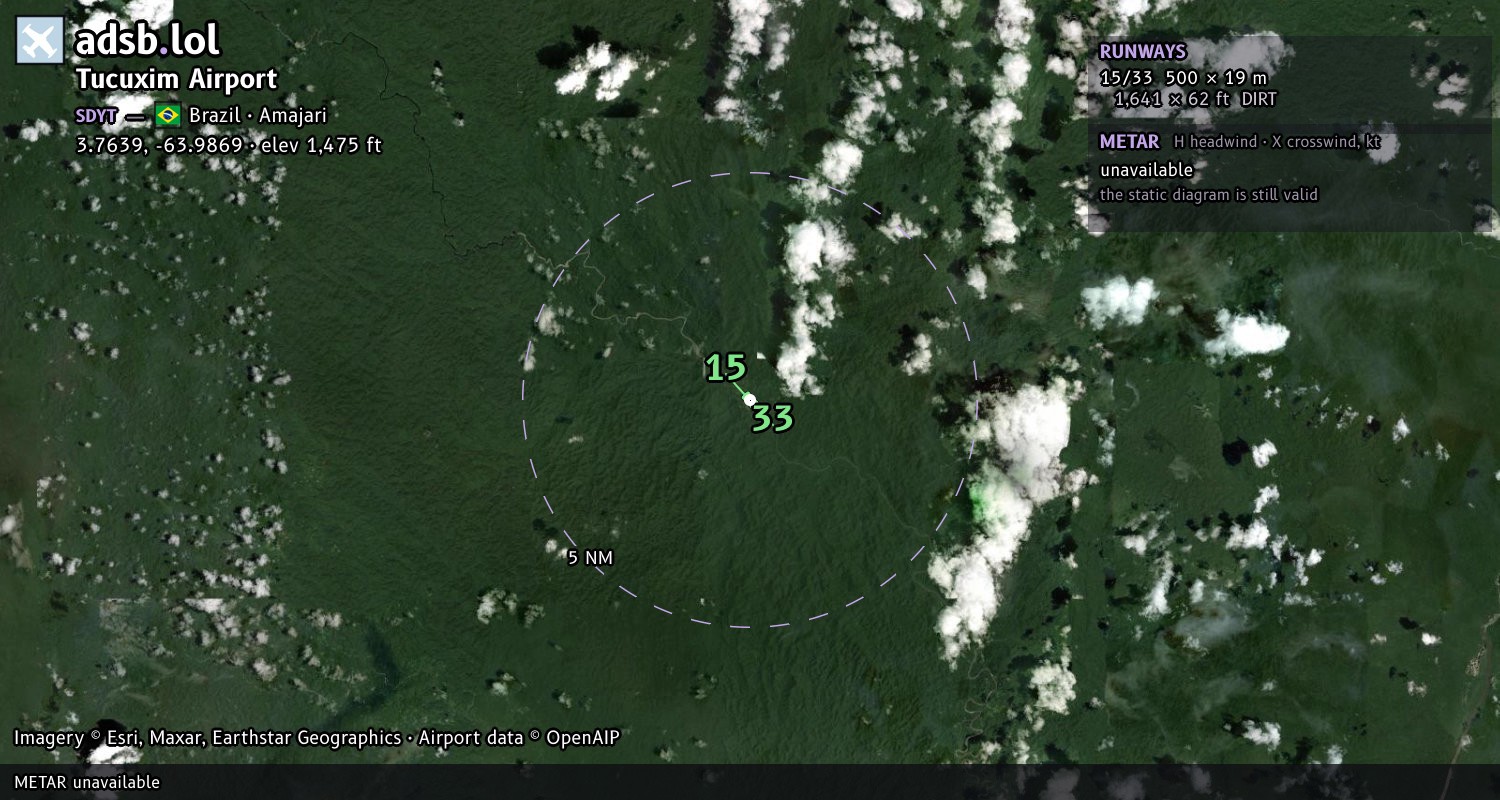 Satellite map with the runway layout of Tucuxim Airport (SDYT)