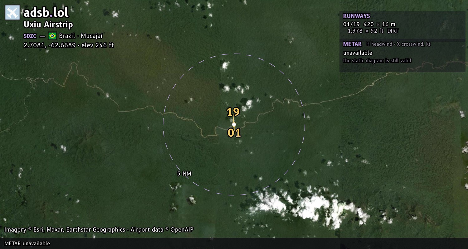 Satellite map with the runway layout of Uxiu Airstrip (SDZC)