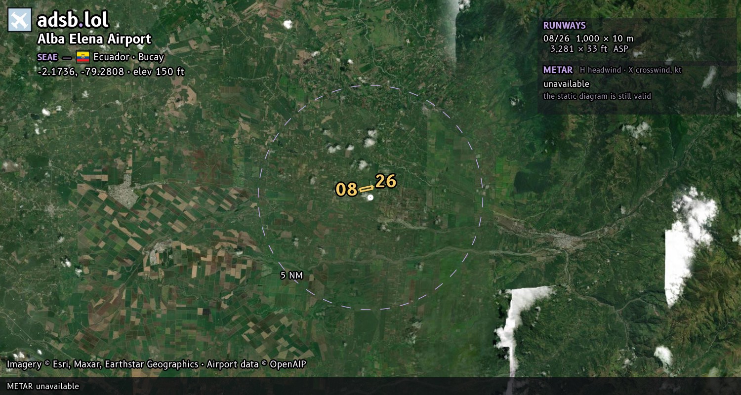 Satellite map with the runway layout of Alba Elena Airport (SEAE)