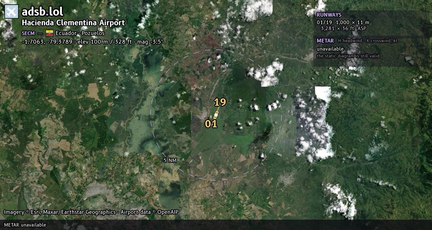 Satellite map with the runway layout of Hacienda Clementina Airport (SECM)