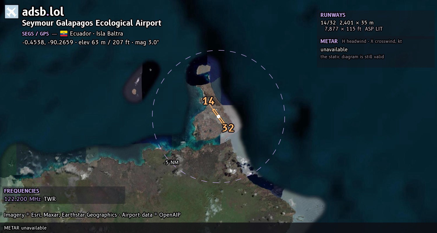 Satellite map with the runway layout of Seymour Galapagos Ecological Airport (SEGS)