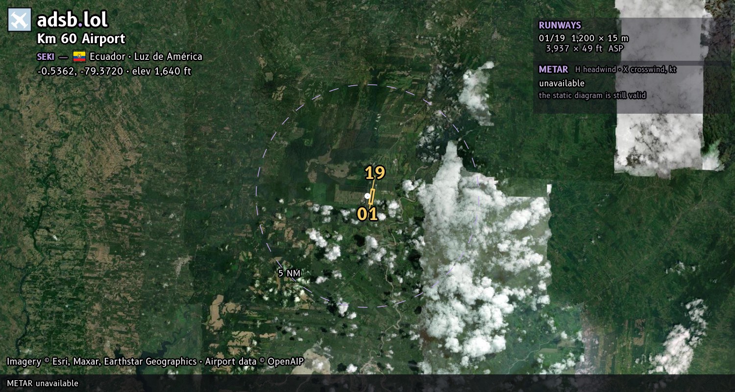 Satellite map with the runway layout of Km 60 Airport (SEKI)