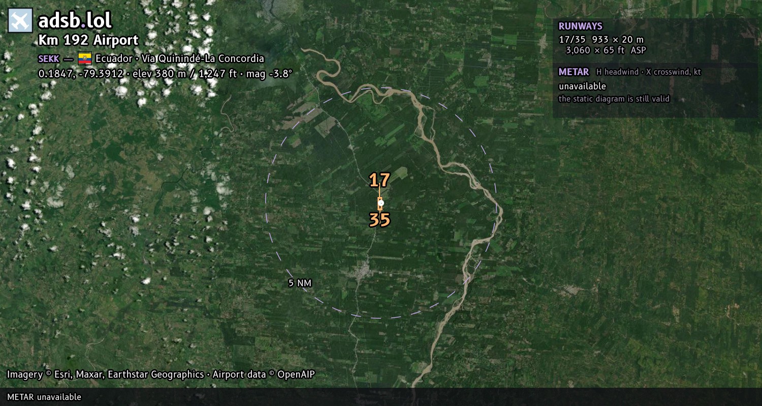 Satellite map with the runway layout of Km 192 Airport (SEKK)