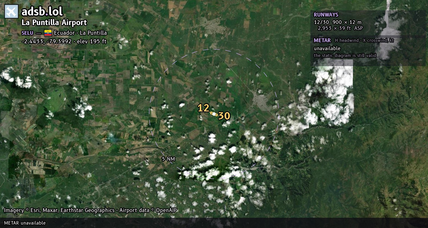 Satellite map with the runway layout of La Puntilla Airport (SELU)