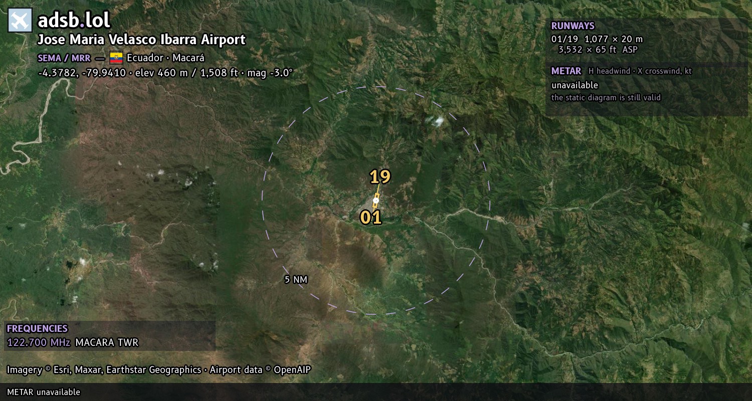 Satellite map with the runway layout of Jose Maria Velasco Ibarra Airport (SEMA)