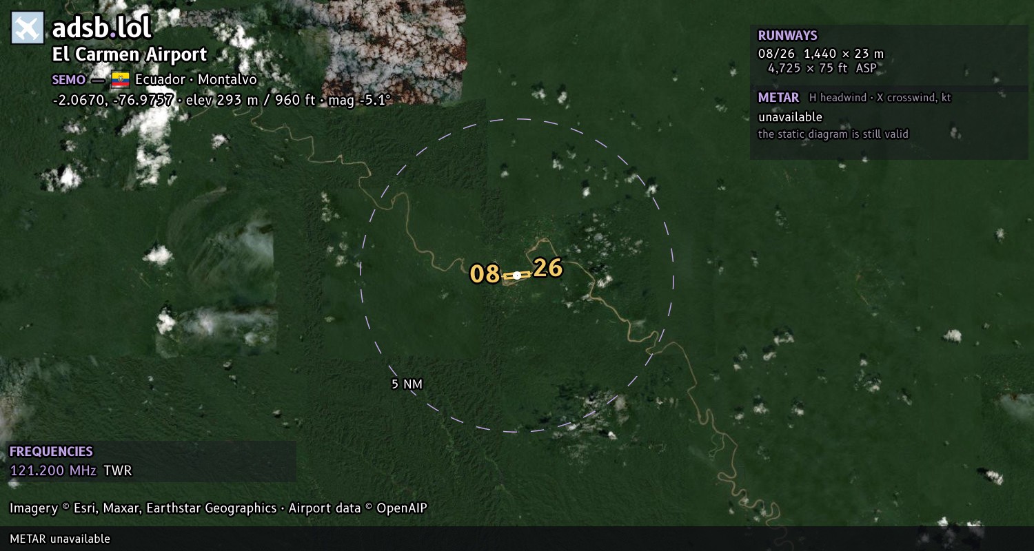 Satellite map with the runway layout of El Carmen Airport (SEMO)